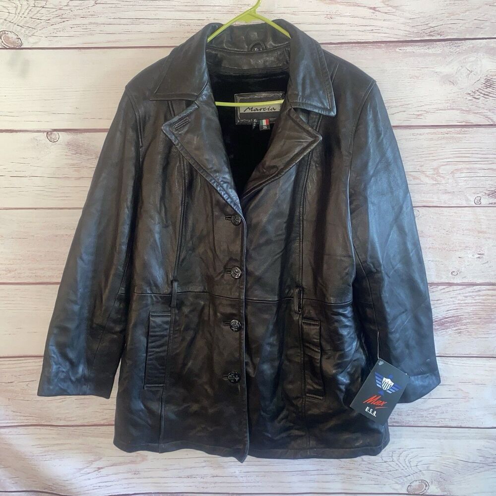 Marcia Womens XL Black Italian Lambskin Leather Jacket Zip Out Liner Coat